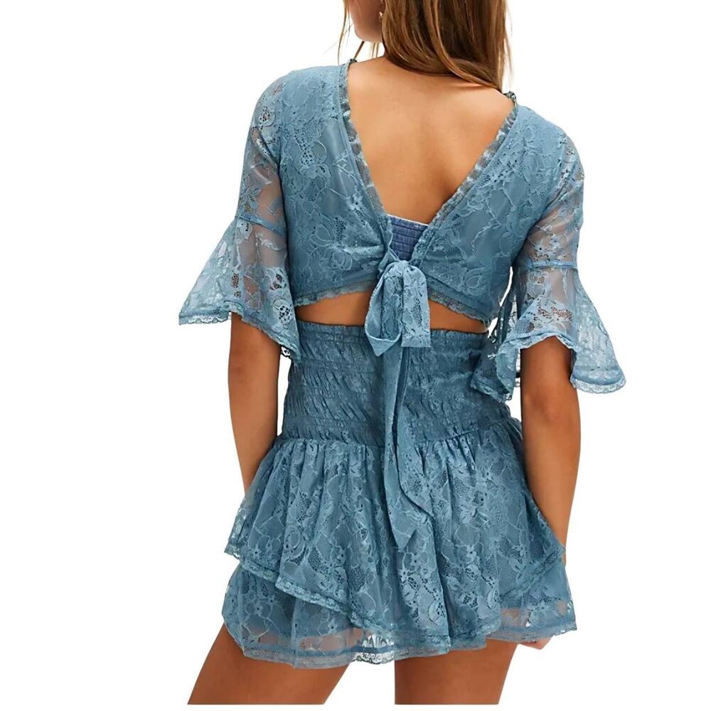 NWOT Free People Dress Women's Large Blue Lala Lace Reversible Cutout Boho